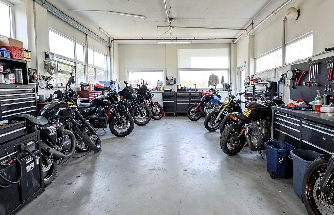 K&Y Motor atölyesinin iç görünümü, bakımda bekleyen motosikletler