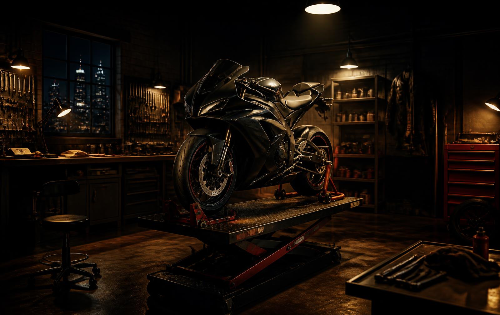 K&Y Motor atölyesinde lift üzerinde bakımı yapılan motosiklet